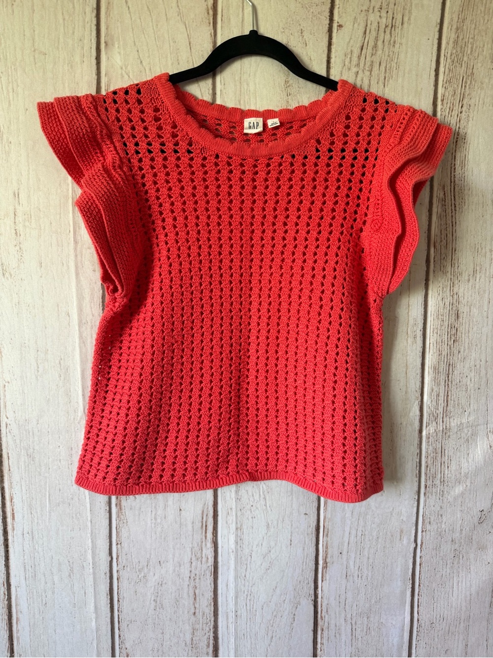 GAP Flutter Sleeve Open Knit Cotton Sweater in Coral 100% Cotton Size M - Picture 2 of 6